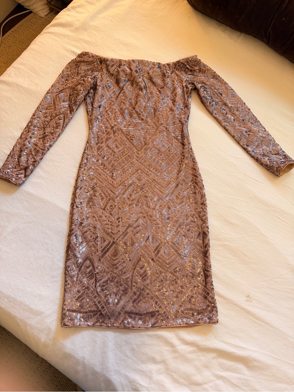 BCBG Off-Shoulder Sequin Bodycon Dress in Dusty Rose